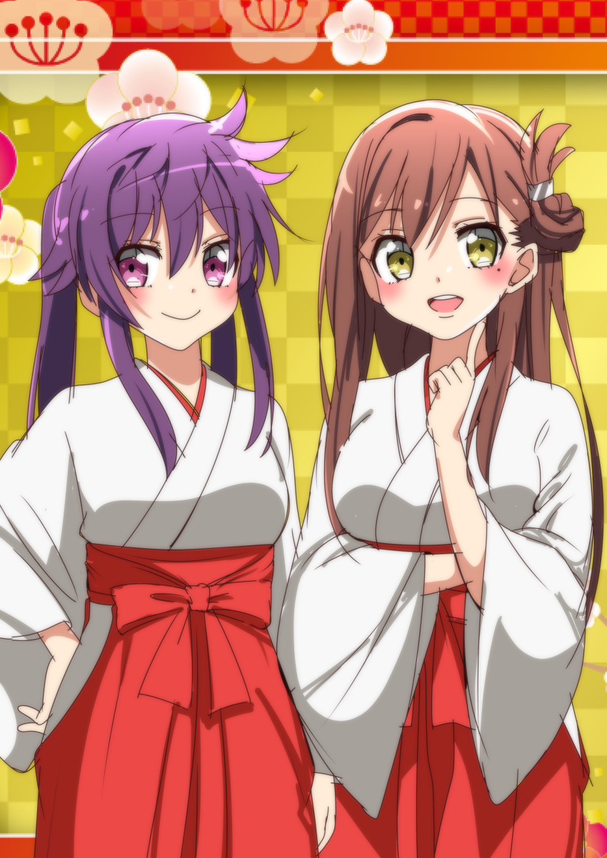 2girls absurdres blush ebisuzawa_kurumi gakkou_gurashi! hair_between_eyes highres japanese_clothes long_hair long_sleeves miko mole mole_under_eye multiple_girls open_mouth purple_hair sinakyo violet_eyes wakasa_yuuri yellow_eyes