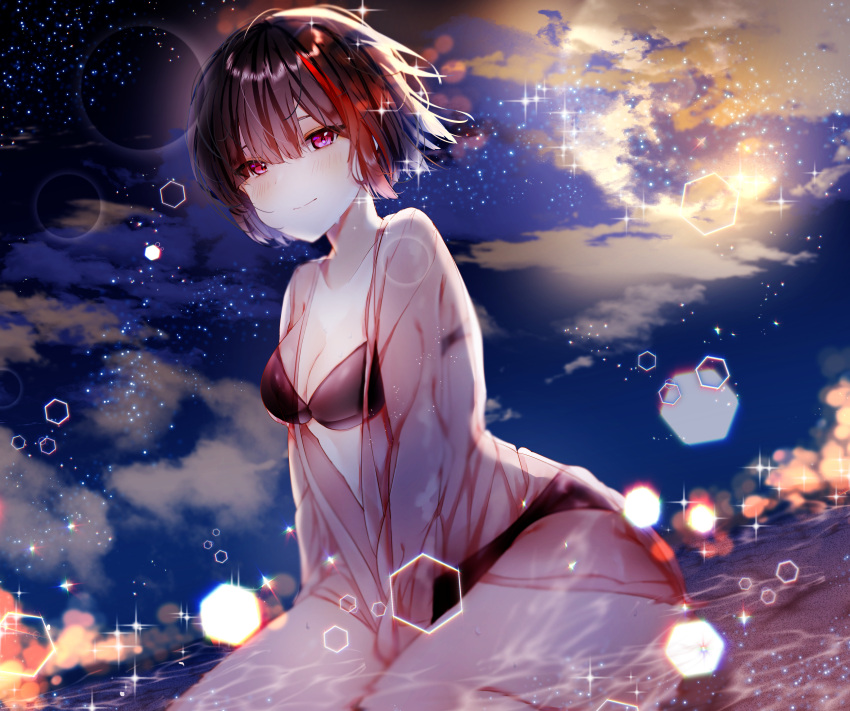 1girl absurdres bang_dream! bangs beach bikini black_bikini black_hair breasts cleavage closed_mouth clouds cloudy_sky folded_leg gang_(to_gang) hexagon highres light_blush long_sleeves medium_breasts mitake_ran multicolored_hair night night_sky ocean open_clothes orb partially_submerged red_eyes redhead see-through short_hair sitting sky solo sparkle star_(sky) streaked_hair swimsuit wet