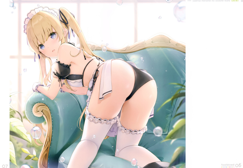 1girl 6u_(eternal_land) absurdres apron arm_support ass backlighting bangs bare_shoulders bikini black_bikini black_ribbon blonde_hair blue_eyes blurry blush breasts bubble couch day depth_of_field detached_sleeves eyebrows_visible_through_hair feet_out_of_frame frilled_apron frilled_gloves frilled_legwear frilled_sleeves frills from_behind gloves hair_ribbon head_tilt highres indoors light_particles long_hair looking_at_viewer looking_back maid_apron maid_bikini maid_headdress on_couch parted_lips puffy_short_sleeves puffy_sleeves ribbon saenai_heroine_no_sodatekata sawamura_spencer_eriri scan short_sleeves sidelocks small_breasts solo swimsuit tareme thigh-highs twintails white_apron white_gloves white_legwear window