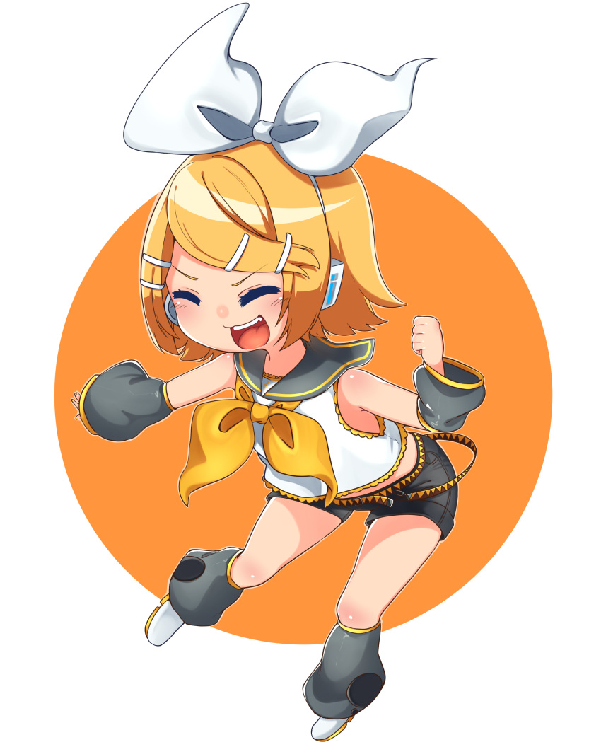 1girl absurdres belt blonde_hair blush bow bowtie chibi circle closed_eyes commentary detached_sleeves hair_bow hair_ornament hairclip hand_up headphones highres inu8neko kagamine_rin leg_warmers outstretched_arm sailor_collar shirt short_hair shorts simple_background smile solo vocaloid white_background white_bow white_shirt yellow_neckwear