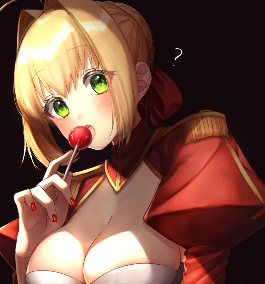 1girl ? ahoge black_background blonde_hair blush breasts candy cleavage epaulettes eyebrows_visible_through_hair eyes_visible_through_hair fate/extra fate_(series) food highres large_breasts licking lollipop looking_at_viewer nail_polish nero_claudius_(fate) nero_claudius_(fate)_(all) open_mouth red_nails short_hair simple_background solo upper_body yayoimaka03