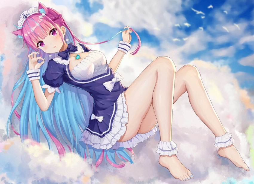 1girl ahoge anchor_print animal animal_ear_fluff animal_ears aqua_nails ass bare_legs barefoot bird blue_dress blue_hair blue_neckwear blue_sky blush bow bowtie braid breasts cat_ears cleavage clouds cloudy_sky day dress flock french_braid frilled_dress frills full_body hands_up headdress heart heart_necklace hokori_sakuni holding holding_hair holding_ring hololive jewelry kemonomimi_mode long_hair looking_at_viewer medium_breasts minato_aqua multicolored_hair nail_polish outdoors parted_lips pink_eyes pink_hair reclining ring sidelocks sky solo thighs two-tone_hair very_long_hair virtual_youtuber wedding_ring wrist_cuffs