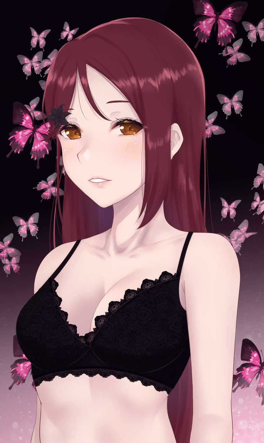 1girl absurdres arhah bangs bare_arms bare_shoulders black_bra black_flower blush bra breasts bug butterfly butterfly_background cleavage collarbone dark_background floral_print flower hair_flower hair_ornament highres insect lace lace-trimmed_bra long_hair looking_at_viewer love_live! love_live!_school_idol_project love_live!_sunshine!! redhead sakurauchi_riko sidelocks small_breasts two-tone_background underwear yellow_eyes