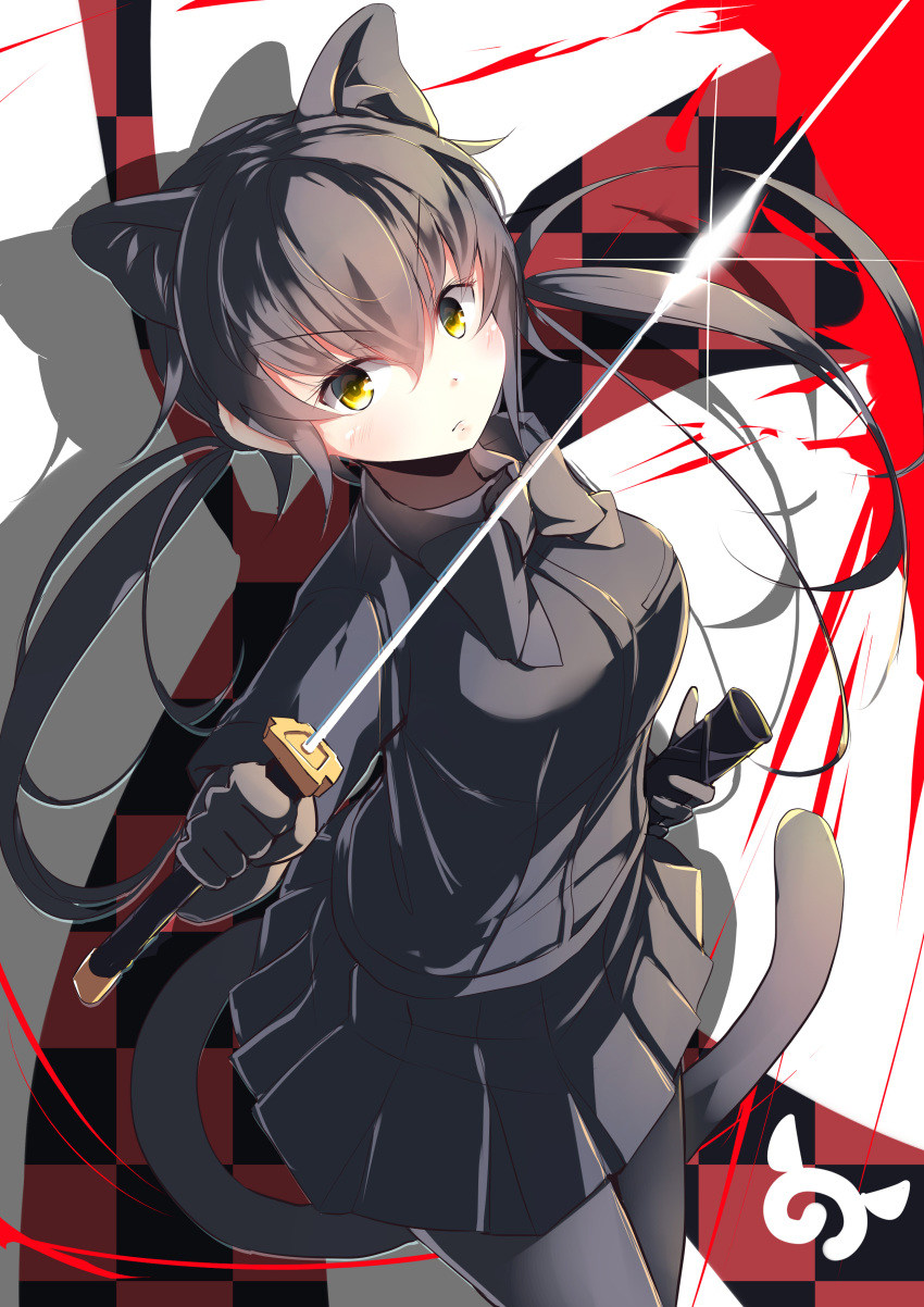 1girl absurdres animal_ears black_bow black_gloves black_hair black_legwear black_leopard_(kemono_friends) black_skirt blush bow breasts cat_ears cat_tail closed_mouth expressionless extra_ears eyebrows_visible_through_hair gloves highres holding holding_sword holding_weapon kanzakietc kemono_friends leopard_ears leopard_tail long_hair long_sleeves looking_at_viewer medium_breasts pantyhose skirt solo sword tail twintails weapon yellow_eyes