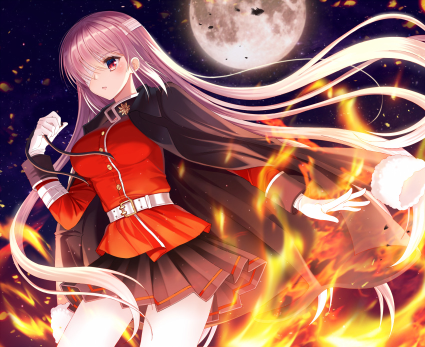 1girl bandage_over_one_eye bangs belt belt_buckle black_jacket black_skirt blush breasts buckle commentary_request ecu8080 eyebrows_visible_through_hair fate/grand_order fate_(series) fire florence_nightingale_(fate/grand_order) full_moon fur-trimmed_sleeves fur_trim gloves hair_over_one_eye hand_up highres jacket jacket_on_shoulders long_hair long_sleeves looking_at_viewer medium_breasts moon parted_lips pink_hair pleated_skirt red_eyes red_jacket skirt solo very_long_hair white_belt white_gloves