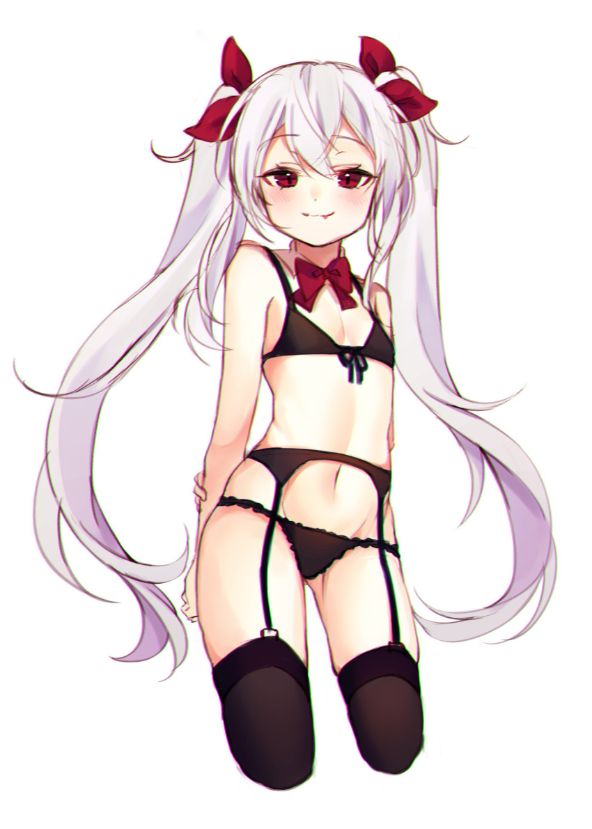 1girl absurdres arms_behind_back azur_lane black_bra black_legwear black_panties blush bow bowtie bra cowboy_shot cropped_legs fangs_out flat_chest front-tie_top garter_belt gluteal_fold highres long_hair looking_at_viewer panties red_eyes reel37891 simple_background smile solo thigh-highs twintails underwear underwear_only vampire_(azur_lane) very_long_hair white_background white_hair