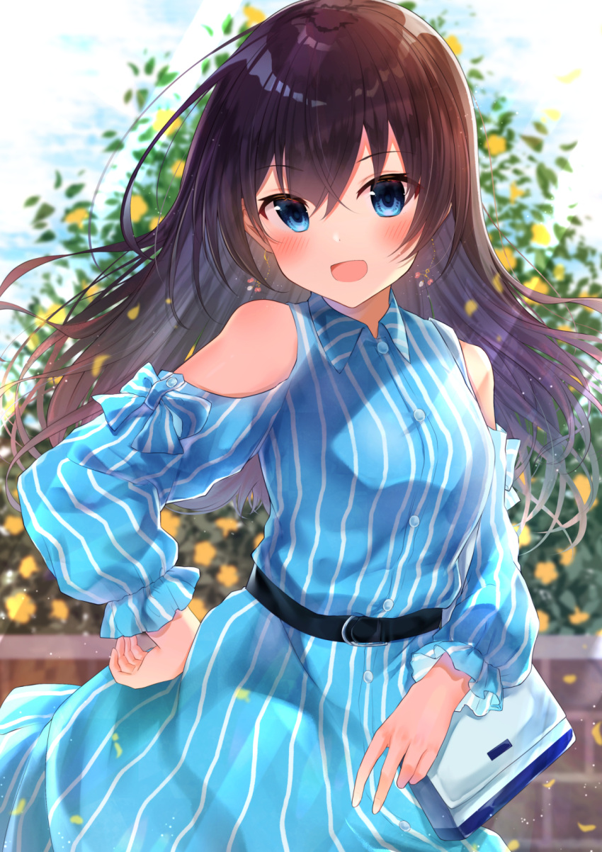 1girl :d bag bangs belt belt_buckle black_belt blue_dress blue_eyes blue_sky blurry blurry_background blush brown_hair buckle carrying clouds cloudy_sky commentary_request day depth_of_field dress earrings eyebrows_visible_through_hair flower gyozanuko hair_between_eyes handbag highres jewelry long_hair long_sleeves looking_at_viewer open_mouth original outdoors puffy_long_sleeves puffy_sleeves shoulder_carry sky smile solo striped vertical-striped_dress vertical_stripes very_long_hair yellow_flower