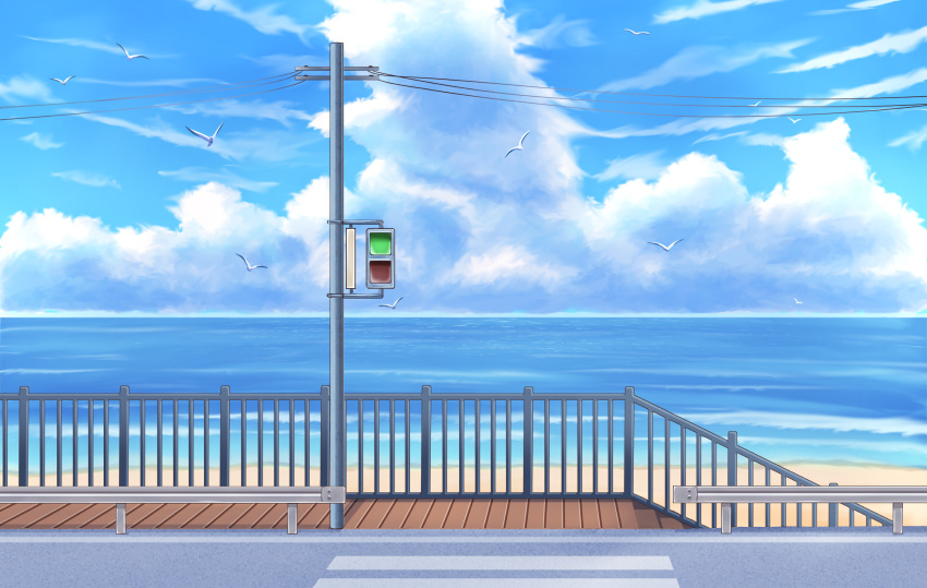 absurdres animal beach biako bird blue_sky clouds cloudy_sky commentary_request crosswalk day flying highres horizon no_humans ocean original outdoors pedestrian_lights railing revision road sand scenery sky stairs summer water