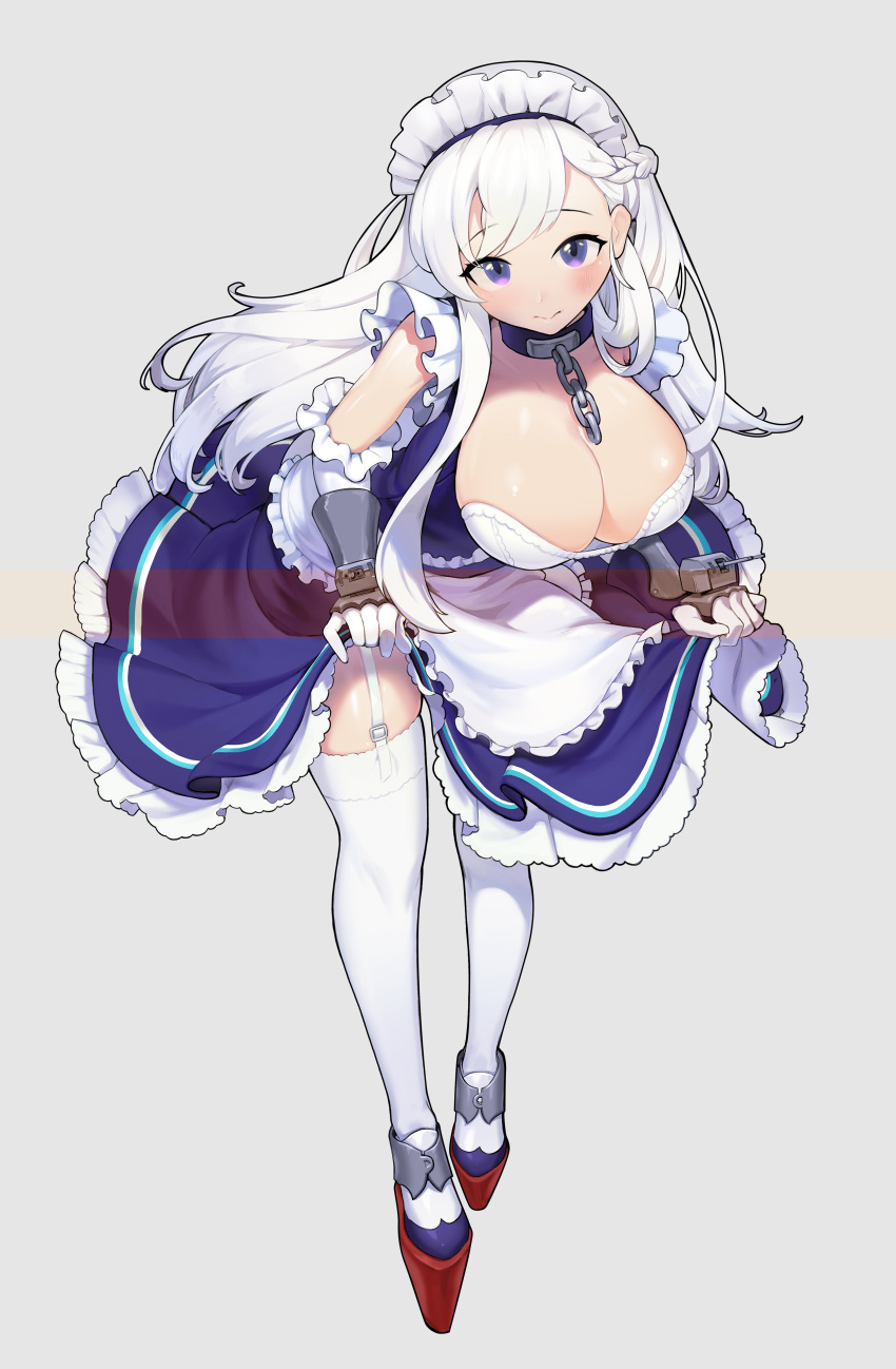 1girl absurdres apron azur_lane bangs belfast_(azur_lane) bent_over blue_dress blue_eyes blush braid breasts chains cleavage collar collarbone commentary detached_sleeves dress dress_pull eyebrows_visible_through_hair french_braid frills full_body gloves grey_background guamon highres huge_breasts large_breasts long_hair looking_at_viewer maid maid_dress maid_headdress sleeveless solo standing thigh-highs white_apron white_gloves white_hair white_legwear