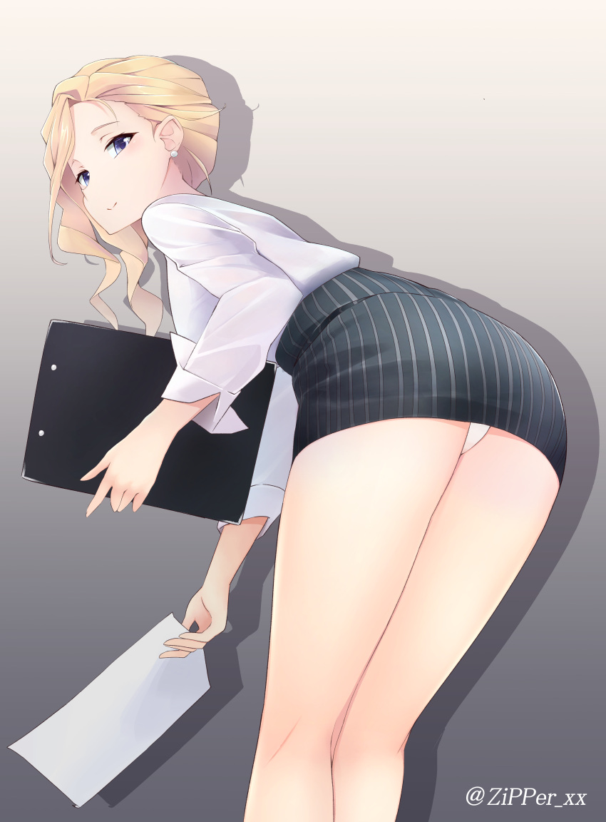 1girl absurdres alternate_costume azur_lane bare_legs bent_over blonde_hair blue_eyes clipboard collared_shirt cowboy_shot earrings gradient gradient_background grey_background highres hood_(azur_lane) jewelry looking_at_viewer looking_back medium_hair miniskirt office_lady panties pantyshot pantyshot_(standing) paper picking_up piercing shadow shirt skirt solo standing striped striped_skirt twitter_username underwear white_panties zipper_xx