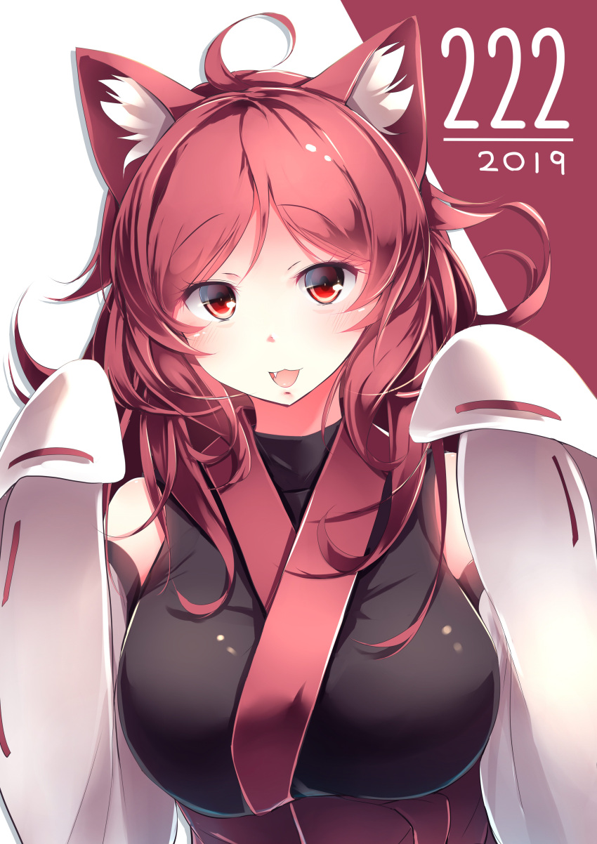 1girl 2019 :3 absurdres ahoge animal_ears arms_up blush breasts cat_ears curly_hair dated detached_sleeves eyebrows_visible_through_hair fang highres kanzakietc kemurikusa large_breasts long_hair long_sleeves looking_at_viewer open_mouth red_eyes redhead ritsu_(kemurikusa) smile solo upper_body