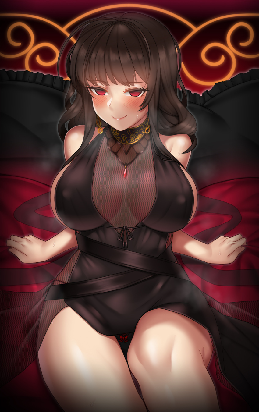 1girl absurdres arm_support arms_behind_back bangs black_dress black_panties blunt_bangs blush breasts breasts_apart brooch brown_hair closed_mouth couch detached_collar dress dsr-50_(girls_frontline) earrings empty_eyes erect_nipples eyebrows_visible_through_hair fishnets front-tie_top girls_frontline highres jewelry large_breasts long_hair looking_at_viewer naughty_face nt00 paid_reward panties patreon_reward red_eyes side-tie_panties sidelocks sitting sleeveless sleeveless_dress smile solo string_panties sweat underwear