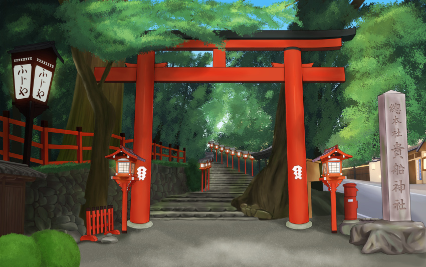 absurdres biako blue_sky building commentary_request day highres huge_filesize lantern no_humans original outdoors real_world_location revision road scenery sky stairs stone_stairs torii translation_request tree