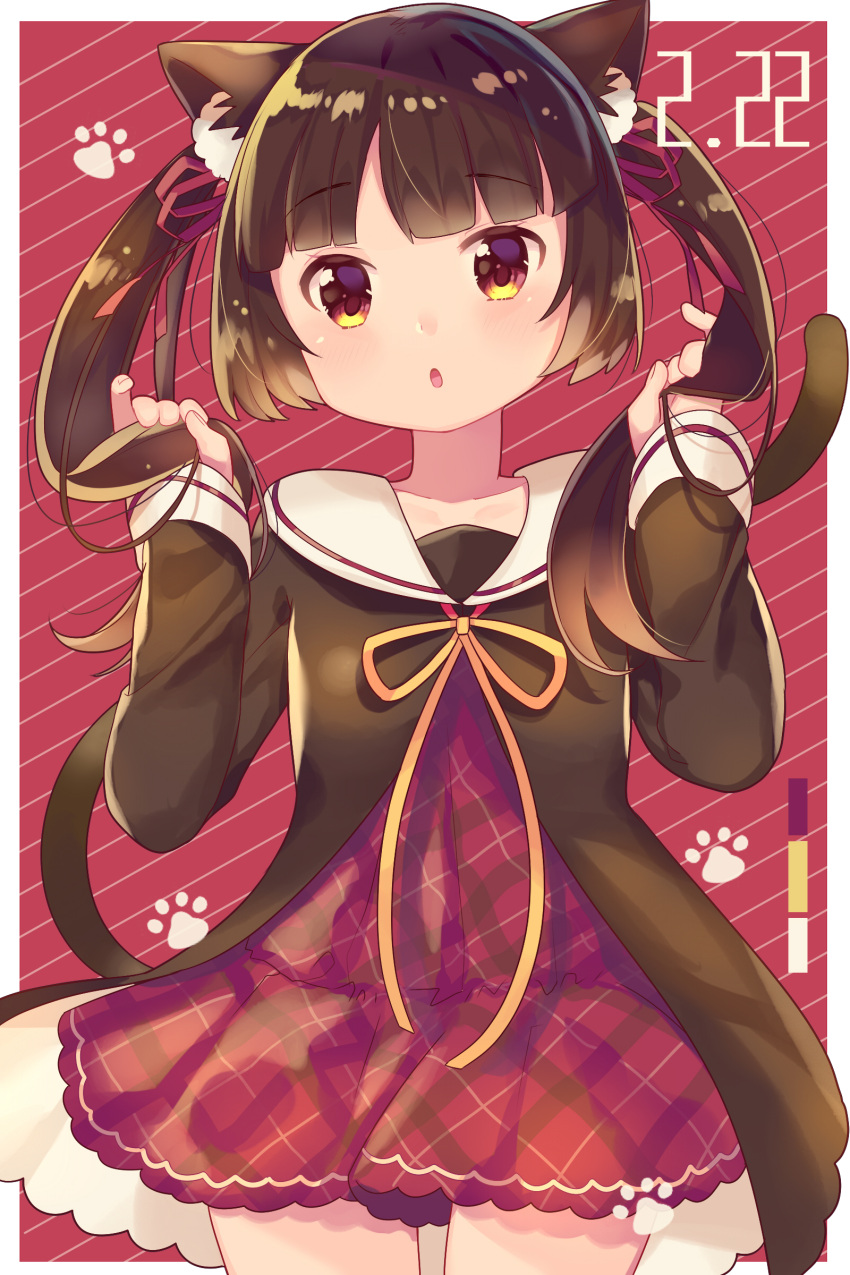 1girl absurdres animal_ear_fluff animal_ears bangs blush brown_dress brown_hair cat_day cat_ears cat_girl cat_tail commentary_request dated diagonal_stripes dress eyebrows_visible_through_hair fingernails hair_ribbon hands_up head_tilt highres holding holding_hair ikari_(aor3507) long_hair long_sleeves neck_ribbon original parted_lips plaid plaid_dress red_background red_dress red_eyes red_ribbon ribbon sailor_collar sailor_dress sleeves_past_wrists solo striped tail tail_raised twintails two-tone_background white_background white_sailor_collar yellow_ribbon