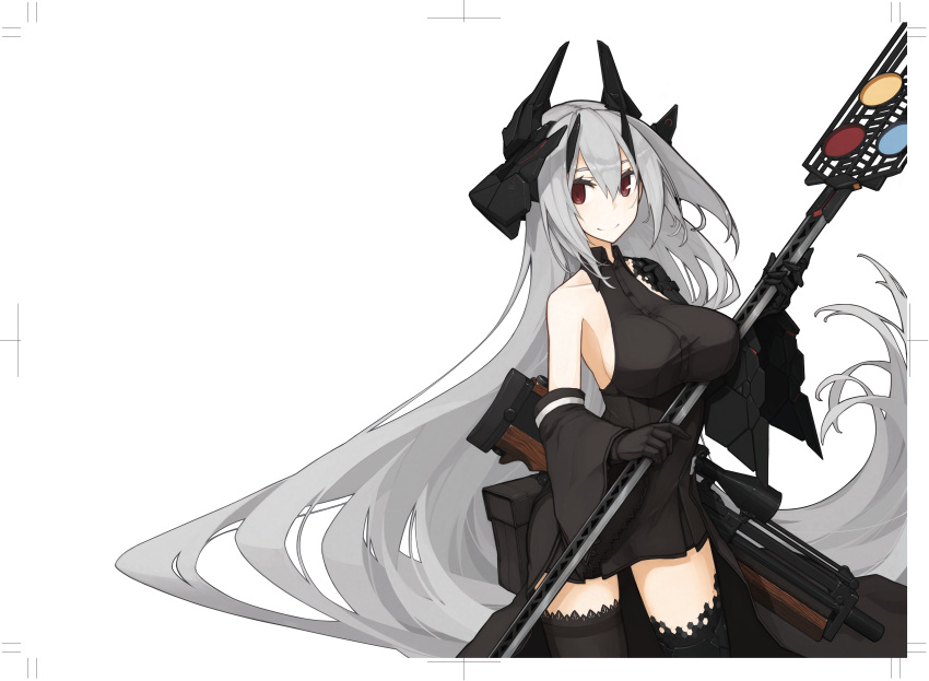 1girl absurdres asymmetrical_legwear bangs bare_shoulders black_dress black_gloves black_legwear black_sleeves breasts closed_mouth collared_dress detached_sleeves dress eyebrows_behind_hair gloves grey_hair hair_between_eyes headgear highres holding holding_weapon large_breasts long_hair long_sleeves mikoto_(oi_plus) original pleated_dress red_eyes scope sleeveless sleeveless_dress smile solo speech_bubble thigh-highs very_long_hair weapon weapon_on_back weapon_request wide_sleeves