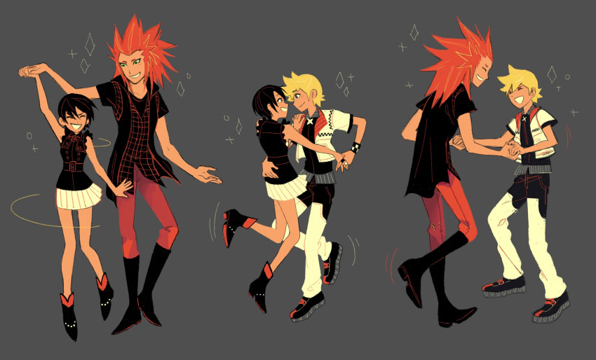 1girl 2boys alternate_costume arm_around_waist black_hair closed_eyes dancing eye_contact ginkoseed grey_background hand_holding highres jacket kingdom_hearts kingdom_hearts_iii lea_(kingdom_hearts) looking_at_another multiple_boys open_mouth redhead roxas short_hair skirt sleeveless smile spiky_hair spoilers xion_(kingdom_hearts)