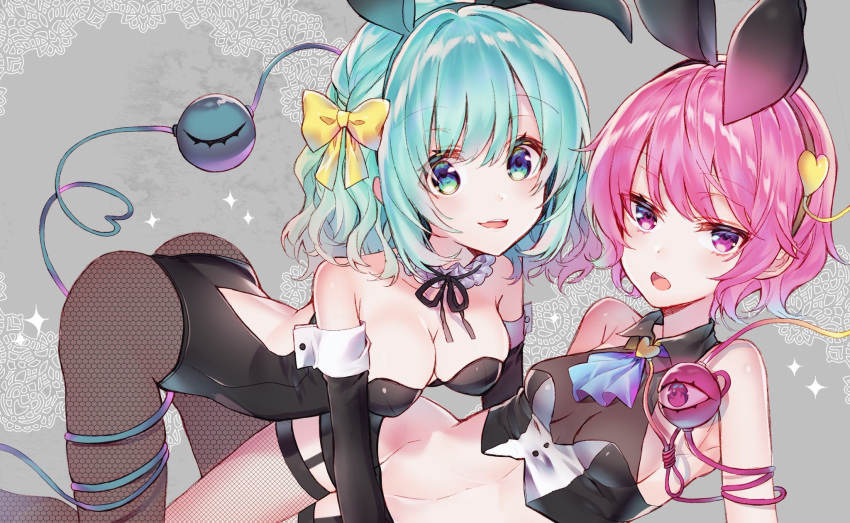 2girls :d :o all_fours alternate_hair_color animal_ears aqua_eyes aqua_hair ascot ass backless_leotard bare_shoulders black_gloves black_leotard blush bow breasts brown_legwear bunny_girl bunnysuit choker cleavage commentary_request crop_top elbow_gloves eyeball fake_animal_ears fishnet_legwear fishnet_pantyhose fishnets frilled_choker frills gloves groin hair_bow hairband heart heart_of_string highres honeycomb_(pattern) kawachi_rin komeiji_koishi komeiji_satori leotard looking_at_viewer medium_breasts midriff multiple_girls open_mouth pantyhose pink_hair rabbit_ears reclining short_hair sidelocks sleeveless small_breasts smile stomach third_eye touhou violet_eyes wavy_hair yellow_bow