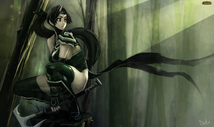 1girl akali armor bare_shoulders black_eyes black_hair breasts duto elbow_gloves fingerless_gloves gloves green_gloves green_legwear headgear holding holding_weapon league_of_legends long_hair looking_to_the_side parted_lips pauldrons ponytail sickle sideboob signature solo squatting thigh-highs torn_clothes tree tree_trunk twig weapon