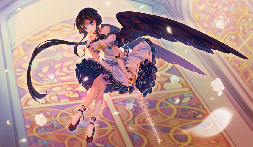 1girl angel_wings ankle_strap arm_strap bangs bare_legs bare_shoulders black_footwear black_wings blush breasts church_interior closed_mouth collarbone commentary criss-cross_halter cross_hair_ornament dress english_text engrish_text eyebrows_visible_through_hair feathered_wings finger_to_mouth flower flying frilled_dress frilled_sleeves frills full_body hair_ornament halterneck highres holding holding_sword holding_weapon hyanna-natsu index_finger_raised indoors long_hair looking_at_viewer low_ponytail medium_breasts original petals puffy_short_sleeves puffy_sleeves ranguage red_ribbon ribbon rose rose_petals shoe_ribbon short_sleeves sidelocks smile solo stained_glass sword tareme very_long_hair violet_eyes weapon white_flower white_rose wings