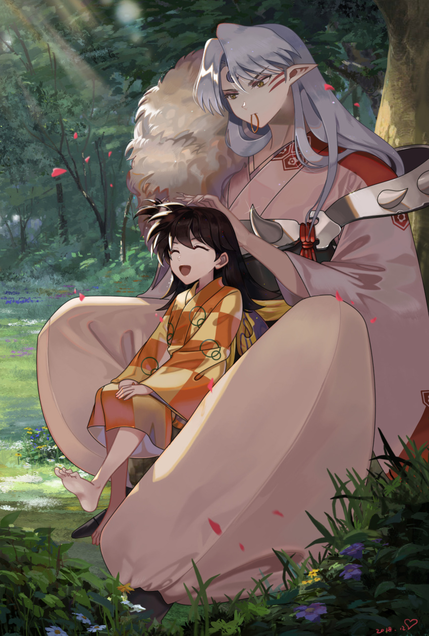 1boy 1girl armor bangs barefoot black_footwear black_hair checkered checkered_kimono child closed_eyes crescent day facial_mark forehead_mark forest grass highres inuyasha japanese_clothes kimono light_rays long_hair looking_at_another nature one_side_up outdoors pants parted_bangs peach_luo pointy_ears rin_(inuyasha) sash sesshoumaru shoes sitting sitting_on_lap sitting_on_person smile spikes tree tying_hair white_hair white_pants yellow_eyes