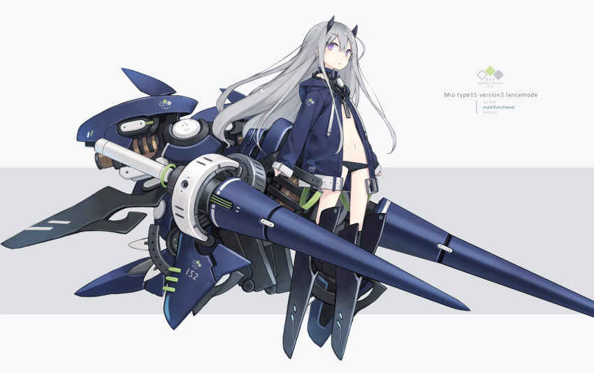 1girl black_footwear black_panties blue_jacket blush boots closed_mouth flat_chest full_body grey_background grey_hair hood hood_down hooded_jacket horns jacket knee_boots lance long_hair long_sleeves looking_at_viewer machinery mecha_musume navel no_pants open_clothes open_jacket original panties poco_(asahi_age) polearm sidelocks sleeves_past_wrists solo stomach thighs two-tone_background underwear violet_eyes weapon white_background