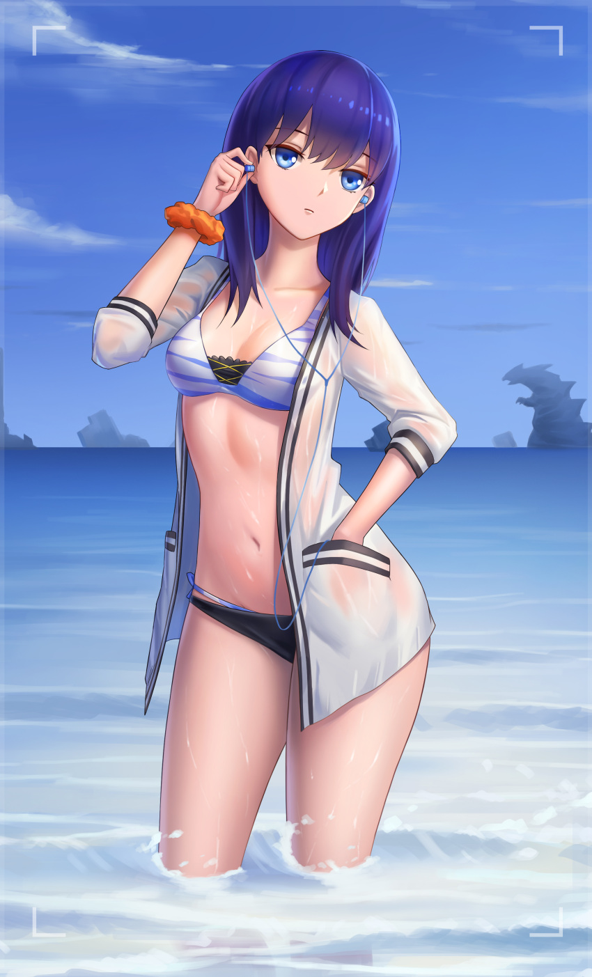 1girl absurdres animal_print bare_legs bikini black_bikini_bottom black_hair blue_eyes blue_sky clouds day earphones earphones feet_out_of_frame gy_(l964625780) hand_in_pocket highres horizon long_hair long_sleeves looking_at_viewer mismatched_bikini monster ocean orange_scrunchie outdoors partially_submerged scrunchie side-tie_bikini sky soaking_feet solo ssss.gridman standing swimsuit takarada_rikka tiger_print viewfinder water white_cardigan wrist_scrunchie