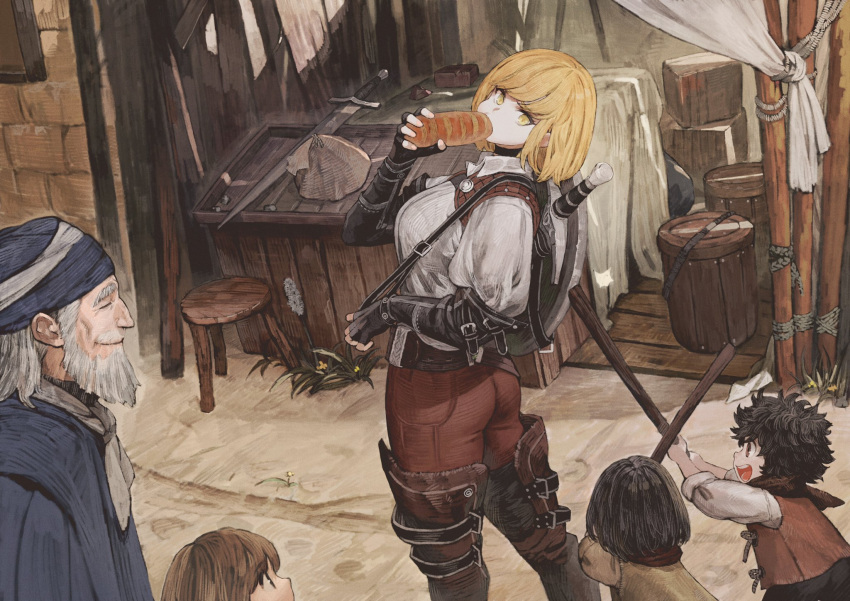 2girls 3boys bag barrel beard black_hair blonde_hair boots bread brown_hair chair child choker eating facial_hair fantasy fingerless_gloves flower food food_in_mouth gloves grass highres jun_(seojh1029) leather leather_boots looking_back medium_hair multiple_boys multiple_girls old_man original playing pouch shield smile sword thigh-highs thigh_boots walking weapon white_hair wooden_sword yellow_eyes