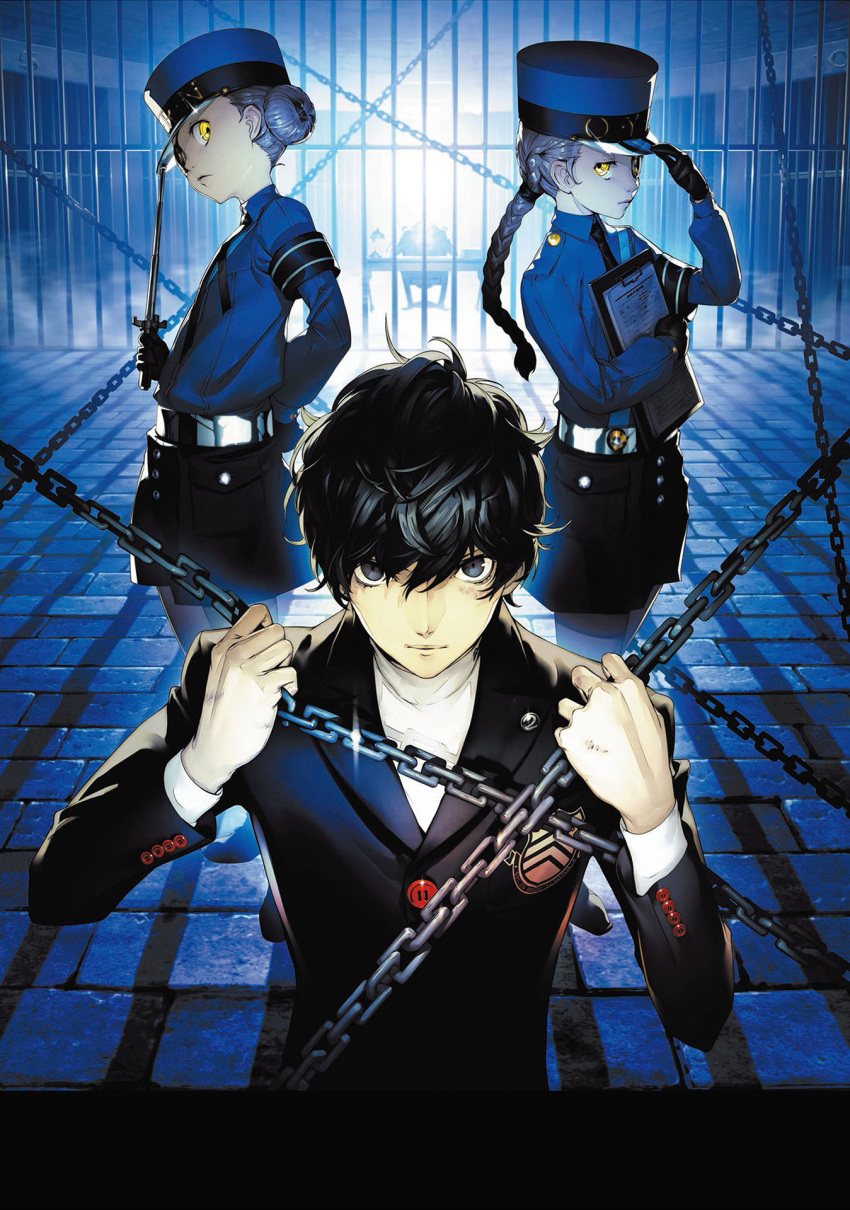 2boys 2girls amamiya_ren armband atlus black_eyes black_hair braid caroline_(persona_5) chains eyepatch highres igor justine_(persona_5) multiple_boys multiple_girls nintendo official_art persona persona_1 persona_5 police police_uniform school_uniform sega shin_megami_tensei short_hair siblings single_braid sisters soejima_shigenori sonic_team super_smash_bros. uniform yellow_eyes