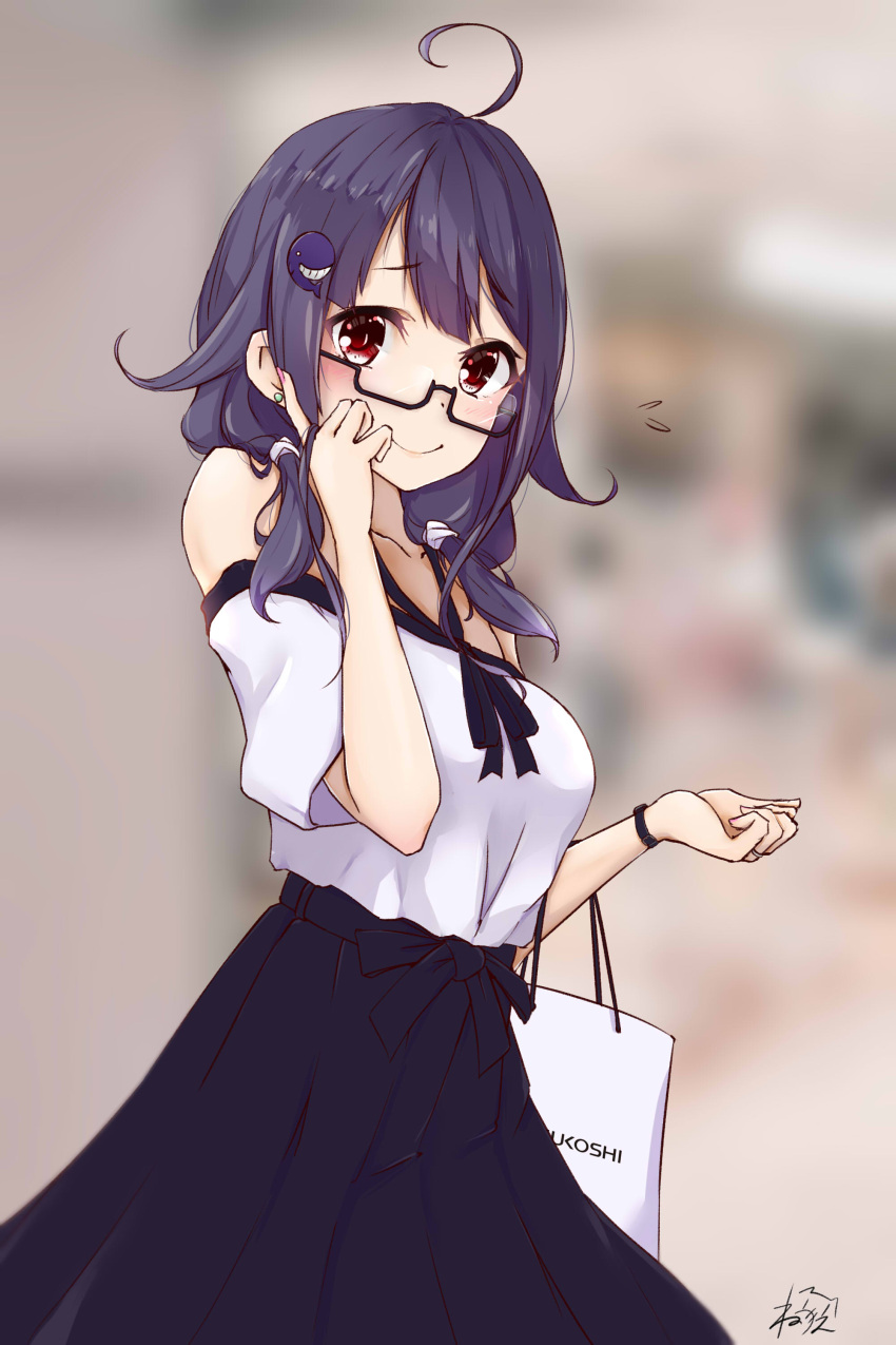 1girl absurdres ahoge alternate_costume bag bespectacled black-framed_eyewear black_skirt blurry blurry_background blush carrying_bag casual closed_mouth collarbone glasses hair_flaps hair_ornament highres kantai_collection long_hair low_twintails mitsukoshi_(department_store) neve off-shoulder_shirt off_shoulder purple_hair red_eyes shirt shopping_bag signature skirt smile solo taigei_(kancolle) twintails whale_hair_ornament white_shirt wristband