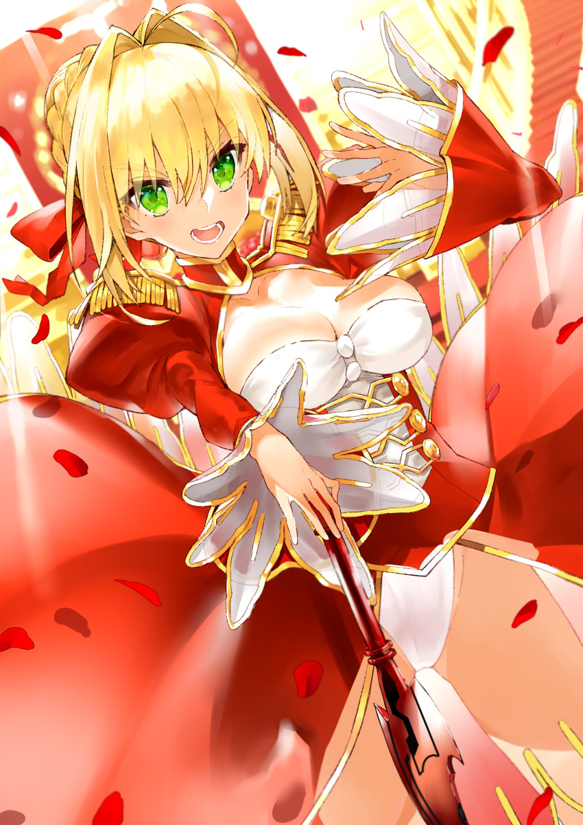 1girl absurdres aestus_estus ahoge bangs blonde_hair braid breasts cleavage cleavage_cutout dress epaulettes fate/extra fate_(series) french_braid green_eyes hair_between_eyes hair_bun hair_intakes hair_ribbon highres juliet_sleeves kou_mashiro large_breasts leotard long_hair long_sleeves looking_at_viewer nero_claudius_(fate) nero_claudius_(fate)_(all) open_mouth petals puffy_sleeves red_dress red_ribbon ribbon see-through solo sword thighs weapon white_leotard