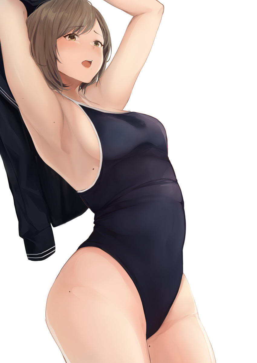 1girl absurdres akito_(d30n26) armpits arms_up bangs blush breasts brown_eyes brown_hair cowboy_shot highres looking_at_viewer medium_breasts mole mole_under_mouth one-piece_swimsuit open_mouth original school_swimsuit sidelocks simple_background solo swimsuit undressing upper_teeth white_background