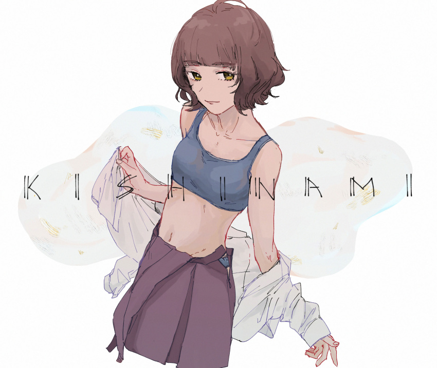 1girl blue_panties blue_sports_bra breasts brown_eyes brown_hair character_name closed_mouth highres kantai_collection kishinami_(kantai_collection) long_sleeves looking_at_viewer panties panty_peek purple_skirt shirt simple_background skirt small_breasts smile solo sports_bra standing stomach underwear undressing white_background white_shirt zippo_teifujou