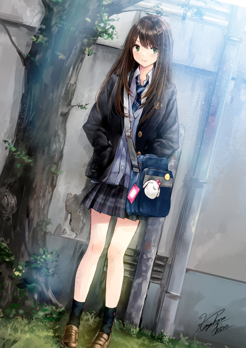 1girl black_jacket black_legwear blazer blue_neckwear blush brown_footwear brown_hair buttons closed_mouth collared_shirt commentary_request day dutch_angle full_body grass green_eyes grey_cardigan grey_skirt hair_ornament hairclip hands_in_pockets highres jacket kazuharu_kina light_particles loafers long_hair looking_at_viewer miniskirt necktie open_clothes open_jacket original outdoors plaid plaid_skirt pleated_skirt school_uniform shirt shoes signature skirt smile socks solo standing striped striped_neckwear tree white_shirt wing_collar