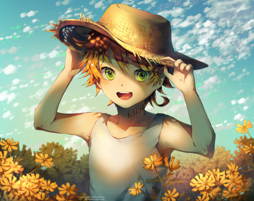 1girl :d adjusting_clothes adjusting_hat artist_name blue_sky clouds day emma_(yakusoku_no_neverland) field flower flower_field green_eyes hands_up hat highres kkotto looking_at_viewer neck_tattoo open_mouth orange_hair outdoors shirt short_hair sky sleeveless sleeveless_shirt smile solo straw_hat sun_hat tattoo watermark white_shirt yakusoku_no_neverland