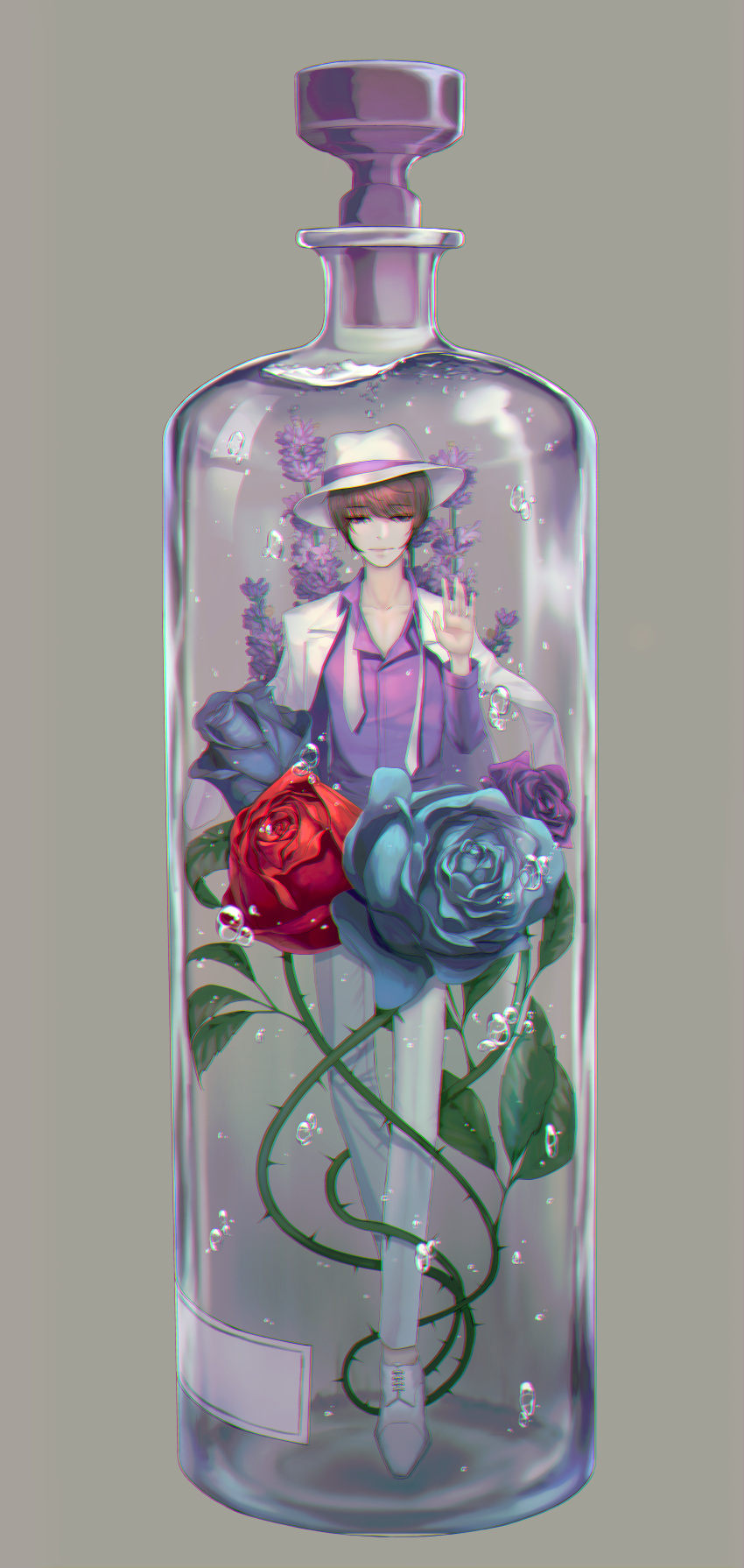 1boy absurdres air_bubble blue_flower bottle bubble flower formal grey_background hand_up hat highres huge_filesize hyacinth in_bottle in_container long_sleeves male_focus matsuno_ichimatsu osomatsu-san pants purple_flower purple_shirt red_flower rose s_s_zene shirt standing suit violet_eyes water white_footwear white_hat white_pants white_suit