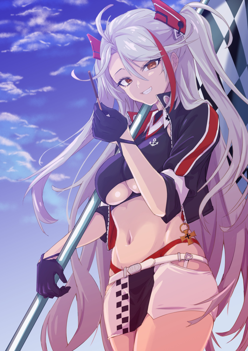 1girl azur_lane belt black_gloves blue_sky breasts checkered checkered_flag clothing_cutout cropped_shirt eyebrows_visible_through_hair flag food gloves half_gloves headband highres himeno_tatsuta holding holding_flag holding_food holding_pocky jacket large_breasts long_hair looking_at_viewer microskirt multicolored_hair navel official_alternate_costume open_clothes open_jacket orange_eyes panties panty_straps pocky prinz_eugen_(azur_lane) prinz_eugen_(final_lap)_(azur_lane) purple_jacket racequeen red_panties redhead silver_hair skirt sky smile solo standing streaked_hair teeth two-tone_hair two-tone_skirt under_boob underboob_cutout underwear very_long_hair white_belt white_skirt zipper