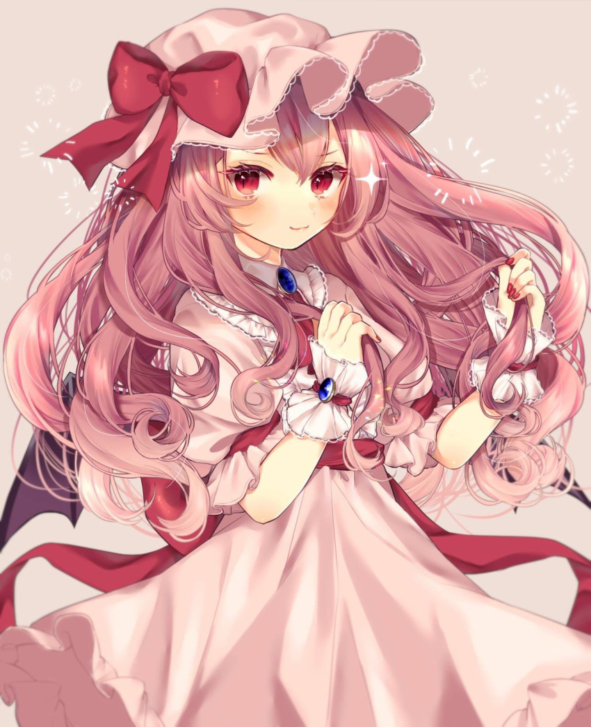 1girl :3 alternate_hair_length alternate_hairstyle back_bow bangs bat_wings black_wings blush bow closed_mouth cowboy_shot dress eyebrows_visible_through_hair gem grey_background hat hat_bow highres holding holding_hair long_hair looking_at_viewer mob_cap nail_polish pink_dress pink_hat puffy_short_sleeves puffy_sleeves purple_hair red_bow red_eyes red_nails remilia_scarlet sapphire_(gemstone) sash short_sleeves simple_background smile solo touhou v-shaped_eyebrows very_long_hair wings wrist_cuffs yedan