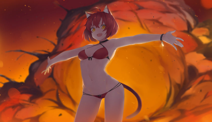 1girl animal_ears antenna_hair armpits arms_up backlighting bangs bare_shoulders bikini blurry breasts cat_ears cat_girl cat_tail cleavage commentary cowboy_shot criss-cross_halter depth_of_field english_commentary explosion fhang front-tie_bikini front-tie_top glint halterneck highres looking_at_viewer medium_breasts multi-strapped_bikini navel original outstretched_arms red_bikini redhead short_hair solo stomach swimsuit tail tareme v-shaped_eyebrows wristband yellow_eyes