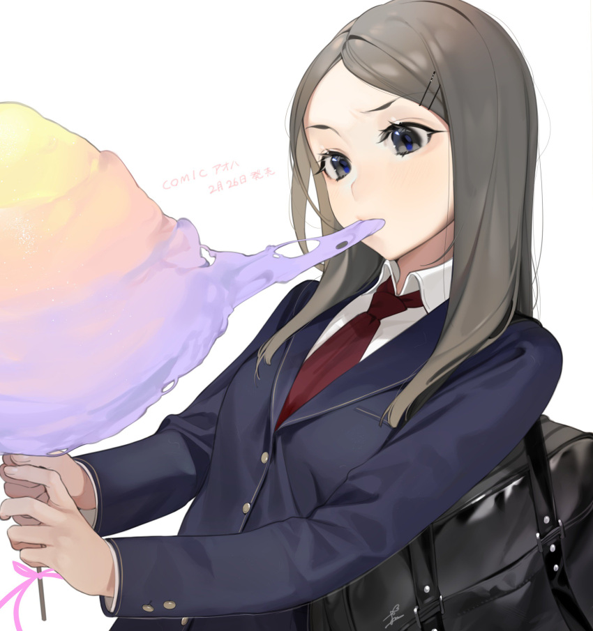 1girl absurdres bag blazer buttons collared_shirt commentary cotton_candy eating hair_ornament hairclip highres jacket long_hair long_sleeves necktie ohisashiburi original red_neckwear school_bag shirt shoulder_bag solo upper_body white_background white_shirt
