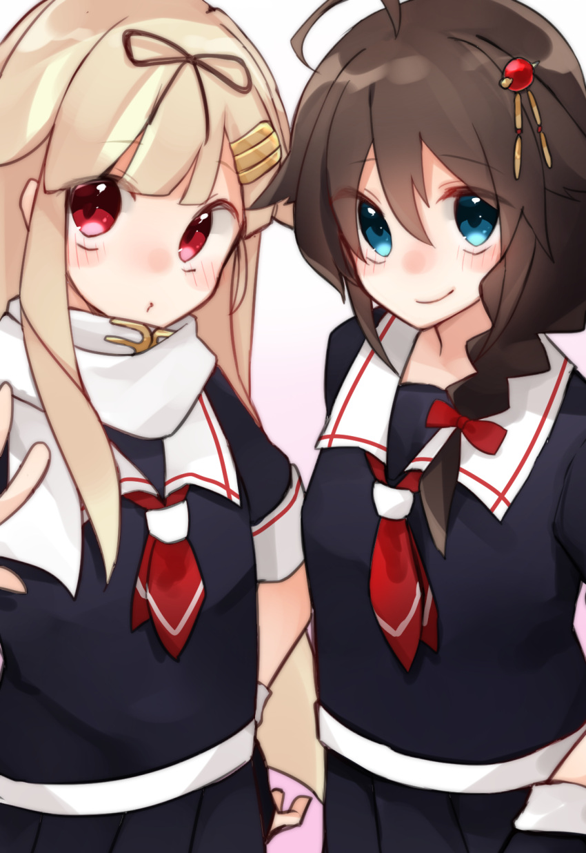 2girls ahoge black_hair black_ribbon black_serafuku black_skirt blonde_hair blue_eyes braid eba_games gradient_hair hair_between_eyes hair_flaps hair_ornament hair_over_shoulder hair_ribbon hairclip hand_holding highres kantai_collection long_hair looking_at_viewer multicolored_hair multiple_girls neckerchief necktie pleated_skirt red_eyes red_neckwear remodel_(kantai_collection) ribbon scarf school_uniform serafuku shigure_(kantai_collection) single_braid skirt smile white_scarf yuudachi_(kantai_collection)