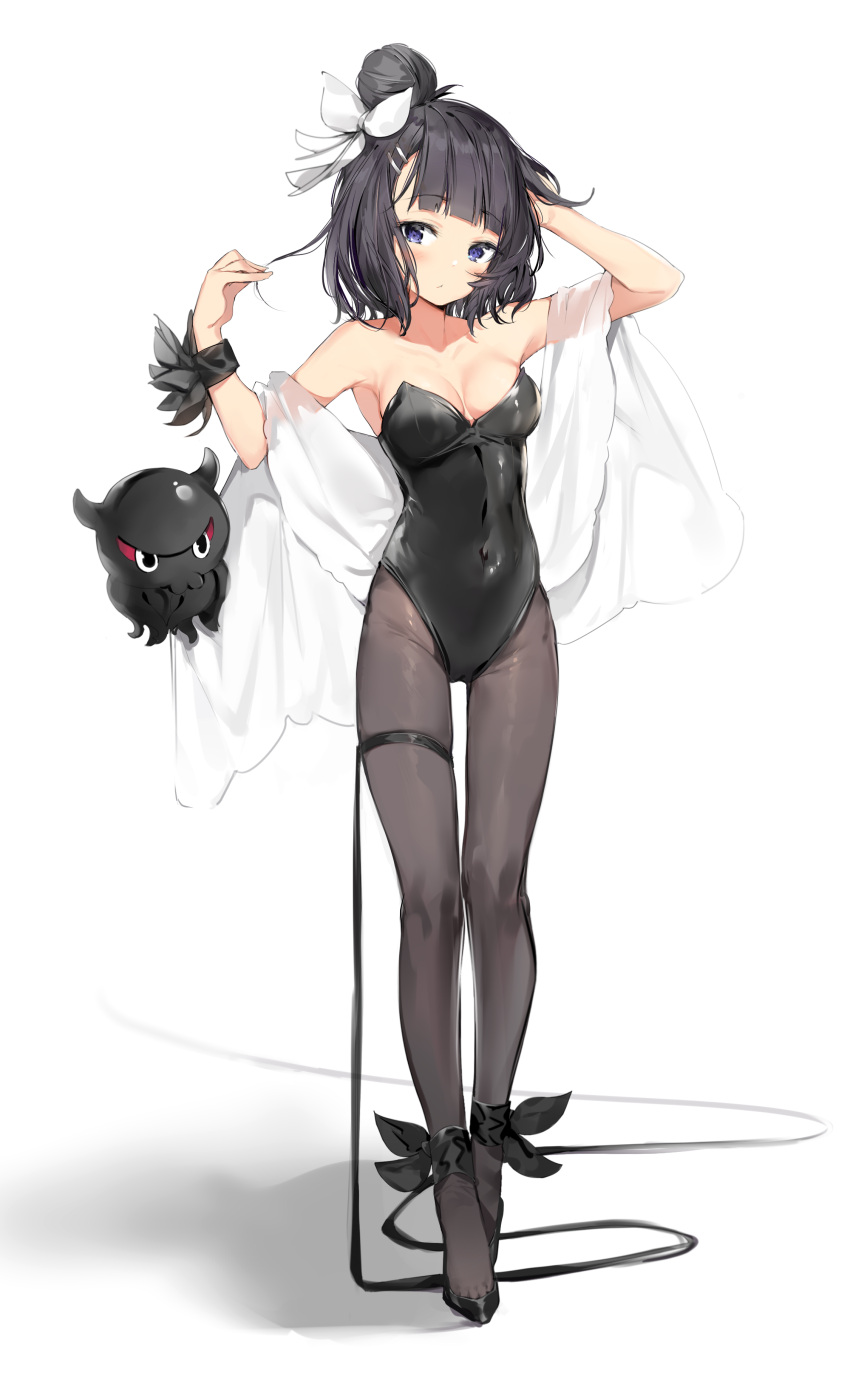 1girl absurdres alternate_costume ankle_ribbon arm_up bangs bare_shoulders black_legwear blue_eyes blunt_bangs breasts covered_navel eyebrows_visible_through_hair fate/grand_order fate_(series) hair_bun hair_ornament hair_ribbon hairclip highres katsushika_hokusai_(fate/grand_order) leotard long_hair medium_breasts octopus pantyhose revision ribbon sash see-through shadow short_hair silver_(chenwen) simple_background solo standing thigh_strap tokitarou_(fate/grand_order) wrist_ribbon