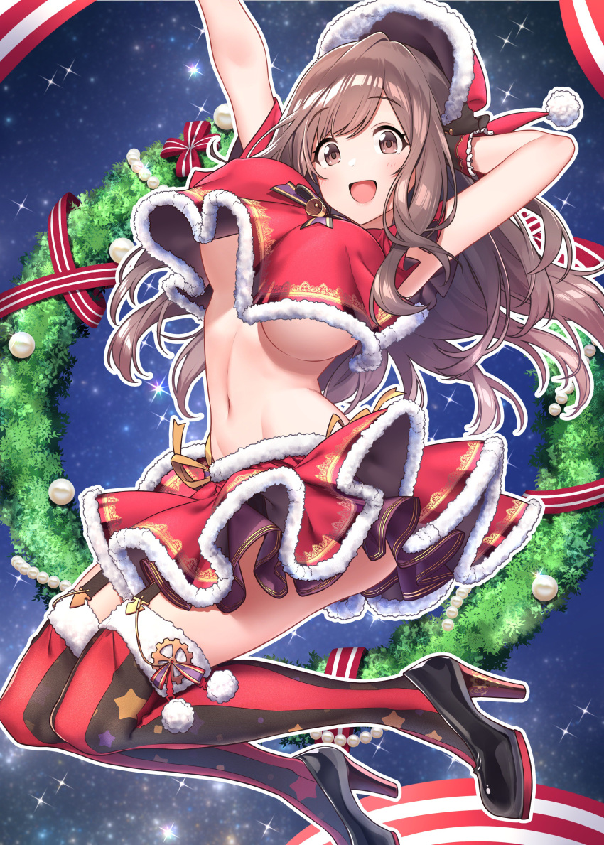1girl :d absurdres armpit_peek arms_up baffu bare_arms bauble beads bell black_footwear blush bow bowtie breasts brown_eyes brown_hair christmas commentary_request crop_top crop_top_overhang erect_nipples fur_trim groin hat high_heels highres idolmaster idolmaster_shiny_colors large_breasts long_hair looking_at_viewer midriff miniskirt navel open_mouth pom_pom_(clothes) red_hat red_legwear red_ribbon red_skirt ribbon santa_costume santa_hat short_sleeves skirt sky smile solo sparkle star_(sky) starry_sky stomach striped striped_legwear thigh-highs tsukioka_kogane under_boob wreath wrist_cuffs