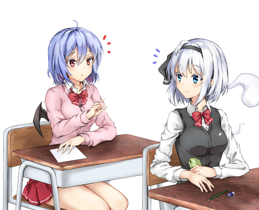 2girls ahoge alternate_costume amagi_(amagi626) bangs bat_wings black_hairband black_ribbon black_vest blue_eyes blue_hair blush bow bowtie breasts cardigan chair colored_eyelashes commentary_request contemporary desk eraser eyebrows_visible_through_hair feet_out_of_frame hair_between_eyes hair_ribbon hairband highres hitodama holding jacket konpaku_youmu konpaku_youmu_(ghost) long_sleeves looking_at_another medium_breasts miniskirt multiple_girls no_hat no_headwear paper parted_lips pencil pink_jacket pleated_skirt red_bow red_eyes red_neckwear red_skirt remilia_scarlet ribbon school_desk school_uniform shirt short_hair sidelocks silver_hair simple_background sitting skirt smile star star_print thighs touhou vest white_background white_shirt wing_collar wings