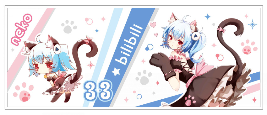 1girl absurdres ahoge animal_ear_fluff animal_ears bangs bili_girl_33 bilibili_douga bloomers blue_hair blush bow brown_dress brown_legwear brown_sleeves cat_ears cat_girl cat_tail character_name chibi closed_mouth clouble copyright_name detached_sleeves dress eyebrows_visible_through_hair gloves hair_between_eyes hair_ornament highres leaning_forward looking_at_viewer looking_to_the_side one_side_up paw_gloves paws pink_bow puffy_short_sleeves puffy_sleeves red_eyes romaji_text short_sleeves tail tail_bow tail_raised thigh-highs underwear white_bloomers