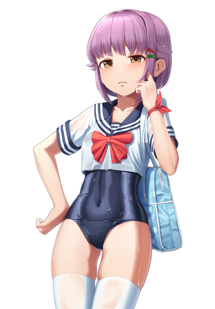 1girl absurdres bag bangs blue_sailor_collar blue_swimsuit bow brown_eyes collarbone covered_navel eyebrows_behind_hair goback hair_flaps hair_ornament hairclip hand_on_hip hand_up highres idolmaster idolmaster_cinderella_girls koshimizu_sachiko looking_at_viewer old_school_swimsuit parted_lips purple_hair red_bow sailor_collar school_bag school_swimsuit school_uniform serafuku shirt short_sleeves simple_background skindentation solo swimsuit swimsuit_under_clothes thigh-highs white_background white_legwear white_shirt