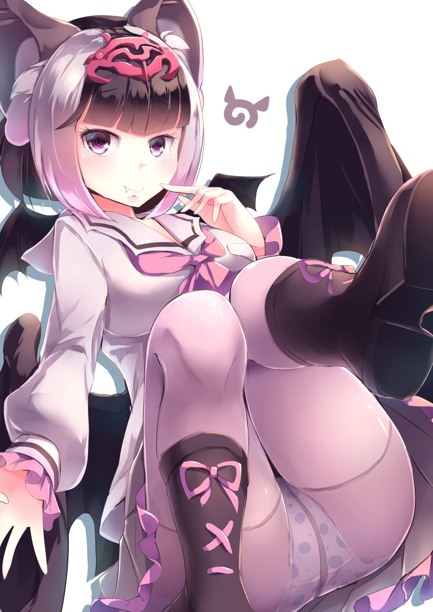 1girl absurdres animal_ears bat_ears bat_wings black_footwear black_hair blush boots breast_pocket breasts closed_mouth common_vampire_bat_(kemono_friends) eyebrows_visible_through_hair fang finger_to_mouth highres japari_symbol kanzakietc kemono_friends knee_boots long_sleeves looking_at_viewer medium_breasts panties panties_under_pantyhose pantyhose pantyshot pantyshot_(sitting) pink_eyes pink_hair pink_neckwear pocket sailor_collar short_hair sitting smile solo underwear white_hair white_legwear wings