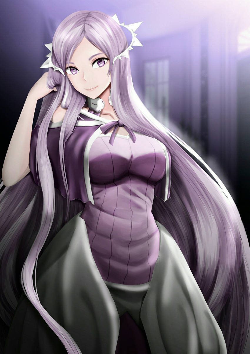 1girl administrator_(sao) breasts closed_mouth dress hair_ornament highres indoors large_breasts long_hair purple_dress purple_hair quinella ryuzaki_71 silver_hair smile solo sword_art_online very_long_hair violet_eyes window