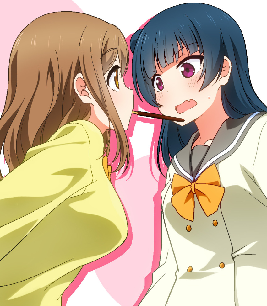 2girls bangs blue_hair blush bow bowtie breasts brown_eyes brown_hair cardigan double-breasted face-to-face fang food highres kunikida_hanamaru long_hair long_sleeves looking_at_another love_live! love_live!_sunshine!! medium_breasts mouth_hold multiple_girls open_mouth orange_neckwear pocky school_uniform serafuku side_bun sweatdrop tsushima_yoshiko umekichi upper_body uranohoshi_school_uniform violet_eyes yellow_cardigan yuri