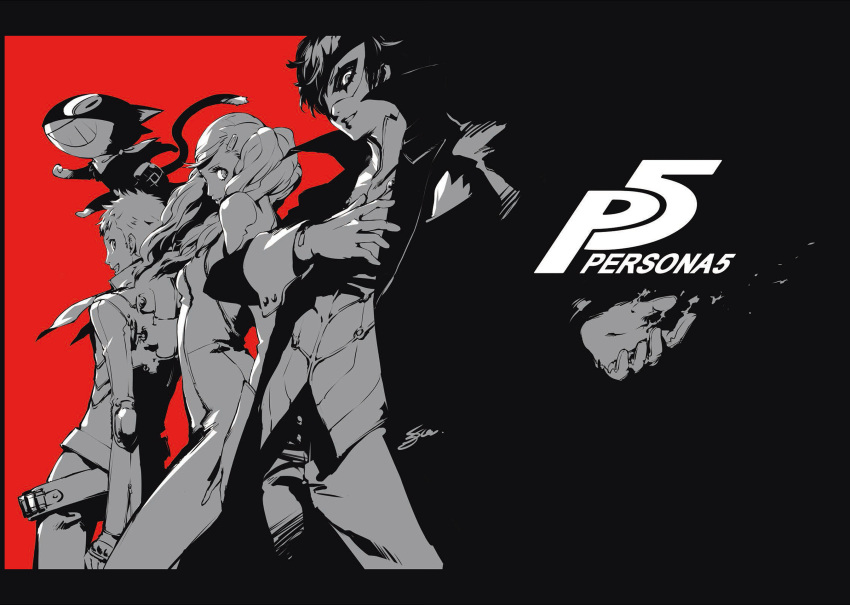 1girl 2boys amamiya_ren bodysuit coat gloves grin hair_ornament highres morgana_(persona_5) multiple_boys official_art persona persona_5 sakamoto_ryuuji smile soejima_shigenori takamaki_anne twintails wallpaper