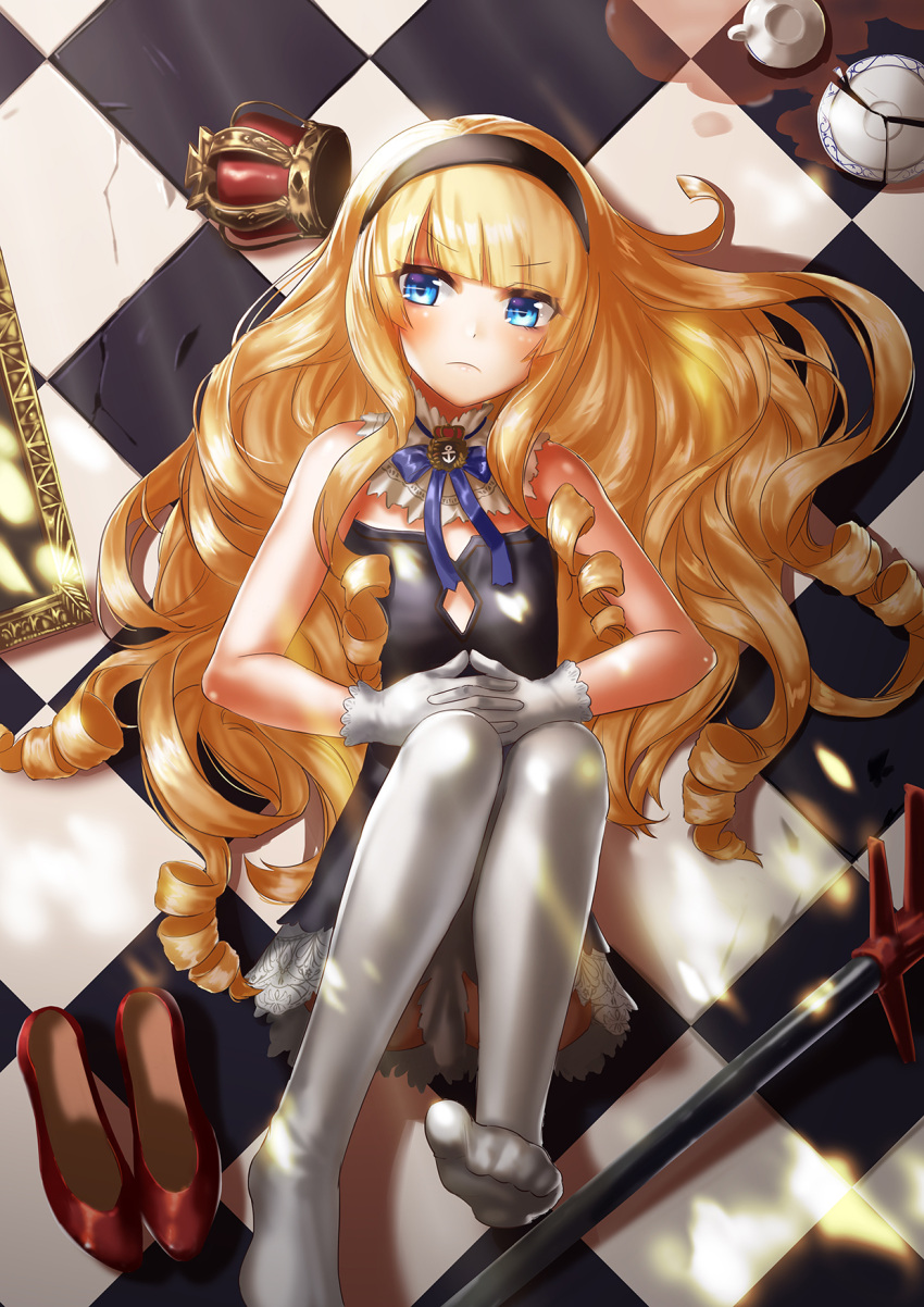 1girl azur_lane black_dress blonde_hair blue_eyes blush broken_plate checkered checkered_floor closed_mouth crown_removed cup detached_collar dress drill_hair eyebrows_visible_through_hair from_above frown gloves hairband highres julbakgaksii long_hair looking_at_viewer lying on_floor own_hands_together plate queen_elizabeth_(azur_lane) red_footwear shoes_removed solo spill staff teacup thigh-highs toe_scrunch v-shaped_eyebrows very_long_hair white_gloves white_legwear
